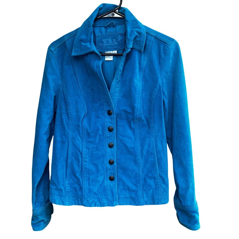 Live a Little Suede Leather Jacket Women's Snap Front Turquoise M